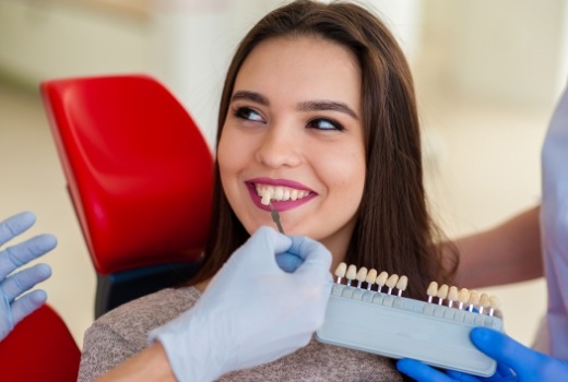Cosmetic dentist comparing smile with veneers color options