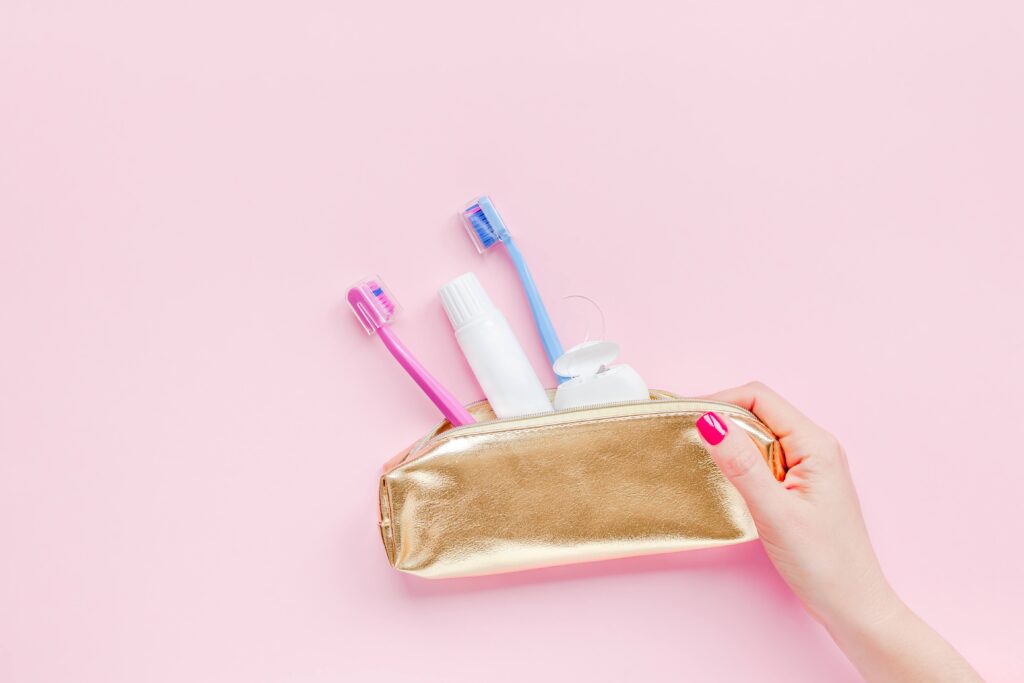Patient holding case with toothbrush and toothpaste